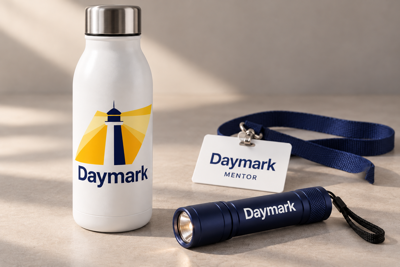 Daymark bottle with lighthouse artwork, navy flashlight with a wordmark, and mentor badge