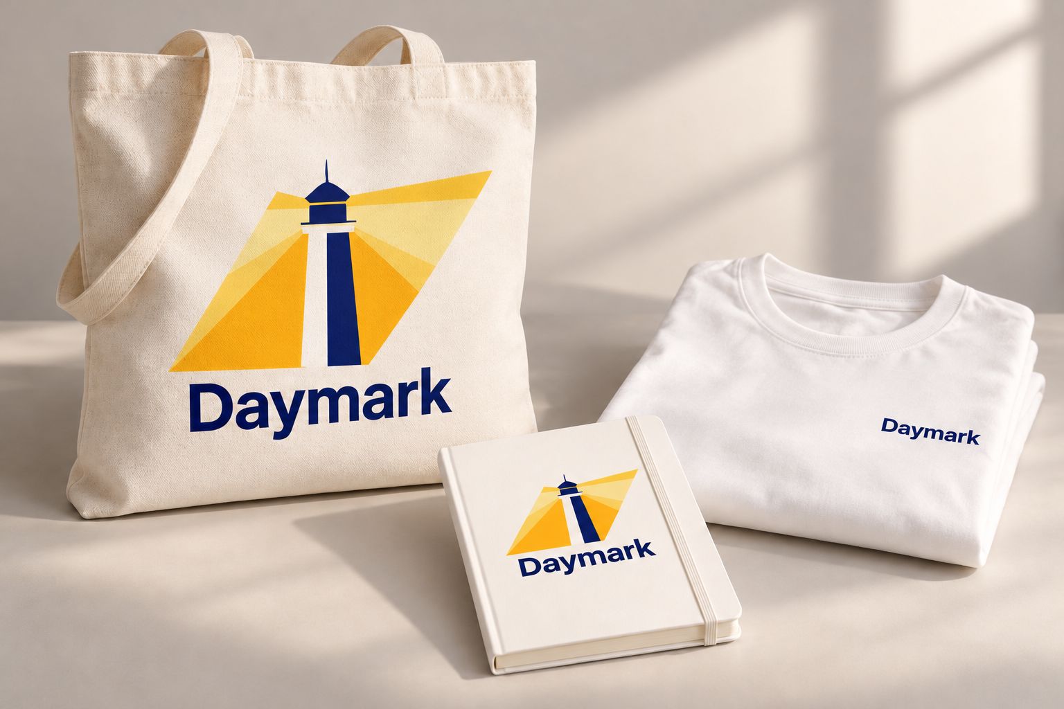 Daymark welcome kit with a canvas tote carrying the lighthouse logo, a notebook, and a white T-shirt
